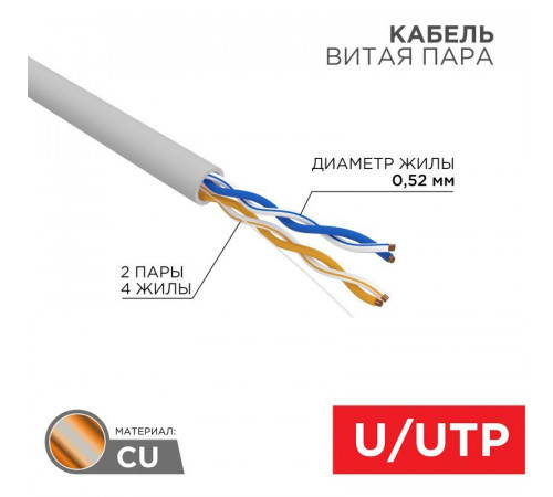 Кабель витая пара U/UTP CAT 5E ZH нг(А)-HF 2х2х0.52мм 24AWG INDOOR SOLID сер. (305м) PRO Rexant 02-0002