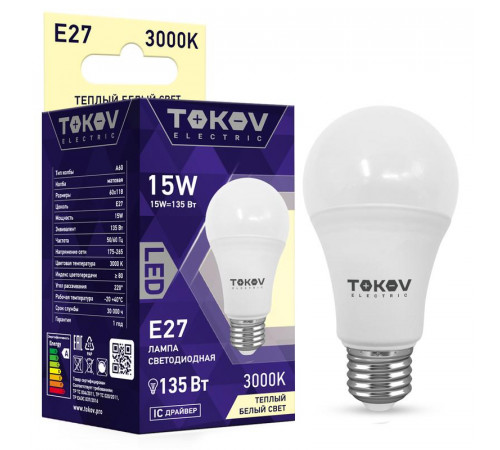 Лампа светодиодная 15Вт А60 3000К Е27 176-264В TOKOV ELECTRIC TKE-A60-E27-15-3K