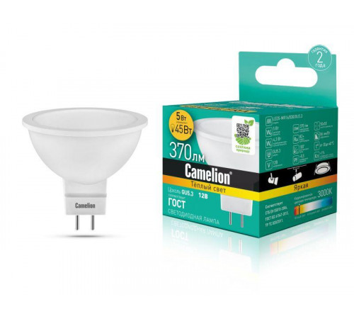 Лампа светодиодная LED5-MR16/830/GU5.3 5Вт 3000К тепл. бел. GU5.3 370лм 12В Camelion 12025