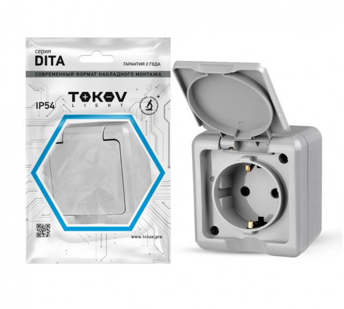 Розетка 1-м ОП Dita 16А IP54 250В с заземл. с крышкой сер. TOKOV ELECTRIC TKL-DT-R1Z-C06-IP54