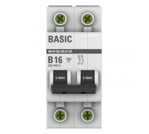Выключатель автоматический модульный 2п B 16А 4.5кА ВА 47-29 Basic EKF mcb4729-2-16-B