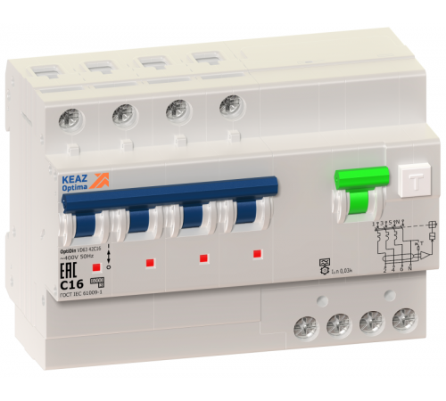 Выключатель автоматический дифференциального тока 4п C 16А 30мА тип A 6кА OptiDin VD63 УХЛ4 КЭАЗ 103476