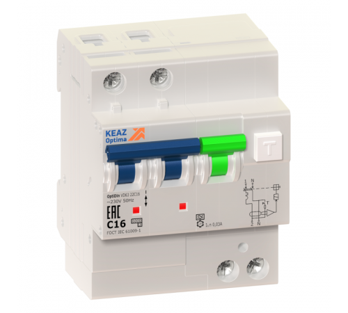 Выключатель автоматический дифференциального тока 2п C 16А 30мА тип A 6кА OptiDin VD63 УХЛ4 КЭАЗ 103453