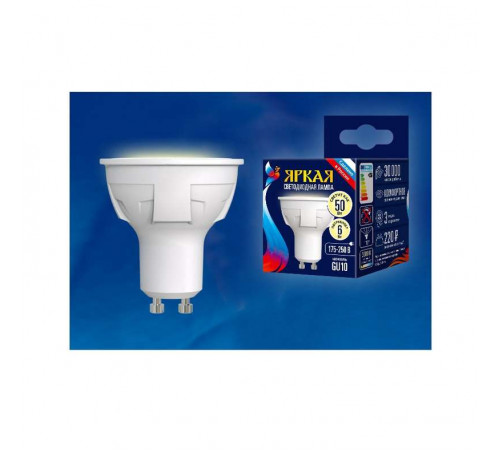 Лампа светодиодная LED-JCDR 6W/WW/GU10/FR PLP01WH Яркая JCDR 6Вт матовая 3000К тепл. бел. GU10 (упак. картон) Uniel UL-00002423