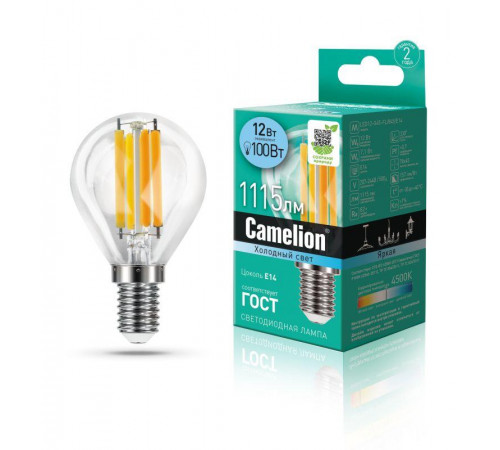 Лампа светодиодная филаментная LED12-G45-FL/845/E14 12Вт 220В Camelion 13713