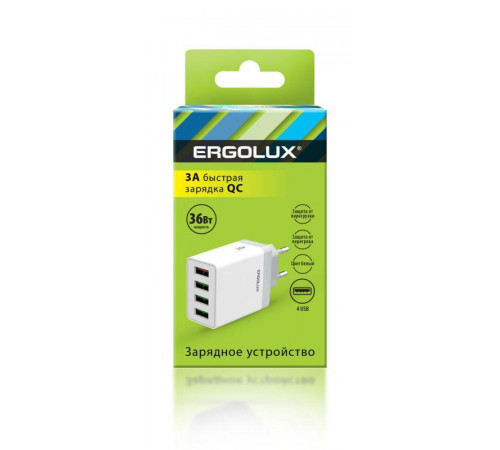 Адаптер сетевой ELX-РA02QC-C01 36Вт 4USB 100-220В 5-9В/3А 1QC+3/3А коробка бел. Ergolux 15292