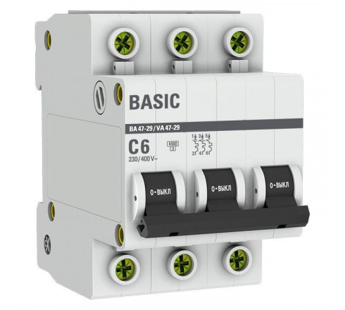 Выключатель автоматический модульный 3п C 6А 4.5кА ВА 47-29 Basic EKF mcb4729-3-06C