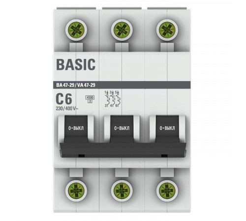 Выключатель автоматический модульный 3п C 6А 4.5кА ВА 47-29 Basic EKF mcb4729-3-06C