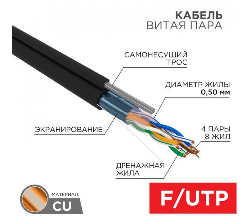 Кабель витая пара F/UTP кат.5E 4х2х24AWG solid CU PE Outdoor трос черн. (м) Rexant 01-0144