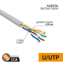 Кабель витая пара U/UTP кат.5E 4х2х24AWG медь сер. (уп.100м) PROCONNECT 01-0043-3-100