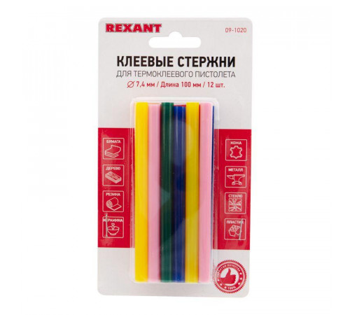 Стержень клеевой d7.4мм L100мм разноцв. (уп.12шт) Rexant 09-1020