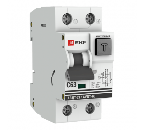 Выключатель автоматический дифференциального тока 2п C 63А 100мА тип A 6кА АВДТ-63 2мод. электрон. PROxima EKF DA63-63-100e