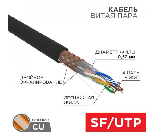 Кабель витая пара SF/UTP кат.5E 4х2х0.51 медь наружн. прокл. черн. (м) Rexant 01-0344