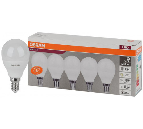 Лампа светодиодная LED Value LVCLP60 7SW/830 7Вт шар матовая E14 230В 2х5 RU (уп.5шт) OSRAM 4058075578104