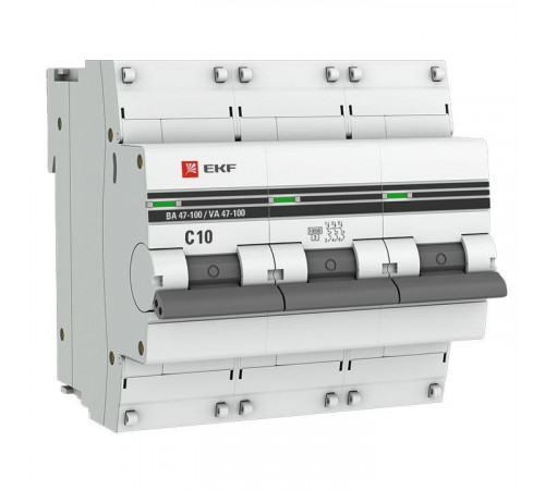 Выключатель автоматический модульный 3п C 10А 10кА ВА 47-100 PROxima EKF mcb47100-3-10C-pro