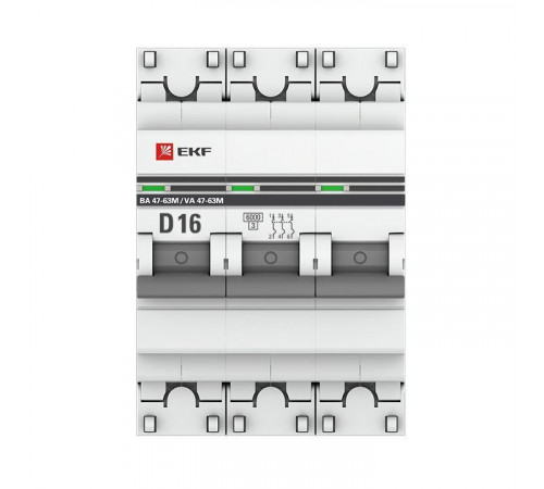 Выключатель автоматический модульный 3п D 16А 6кА ВА 47-63M с одним магнит. расцеп. EKF mcb4763m-6-3-16D-pro