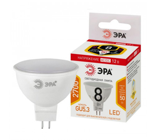 Лампа светодиодная STD LED MR16-8W-12V-827-GU5.3 MR16 8Вт софит GU5.3 тепл. бел. 12В ЭРА Б0049093