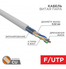 Кабель витая пара F/UTP кат.5E 4х2х0.52 24AWG PVC INDOOR SOLID сер. (305м) PRO Rexant 02-0025