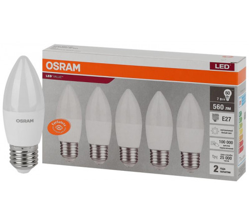 Лампа светодиодная LED Value LVCLB60 7SW/840 7Вт свеча матовая E27 230В 2х5 RU (уп.5шт) OSRAM 4058075578043