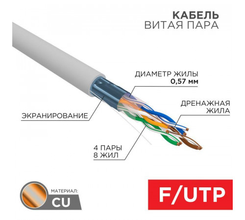 Кабель витая пара F/UTP кат.6 4х2х0.57 23AWG ZH нг(А)-HF solid CU сер. (305м) Rexant 01-0167