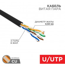 Кабель витая пара U/UTP кат.5E 4х2х24AWG solid CU PE Outdoor черн. (м) Rexant 01-0045