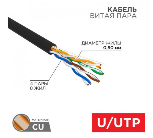 Кабель витая пара U/UTP кат.5E 4х2х24AWG solid CU PE Outdoor черн. (м) Rexant 01-0045