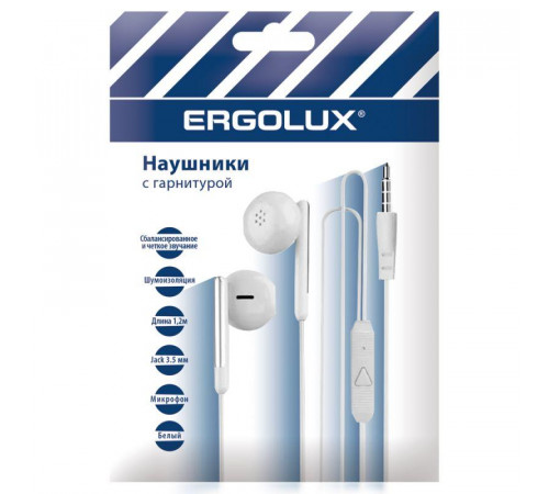 Наушники вакумные с микрофоном проводные ELX-WHP01P-C01 ПРОМО 3.5мм 1.2м пакет бел. Ergolux 15277