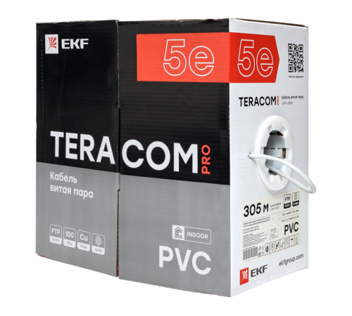 Кабель витая пара F/UTP кат.5E 4 пары 24 AWG solid PVC сер. TERACOM PRO EKF TRP-5EFTP-04PVC-GY-IN3