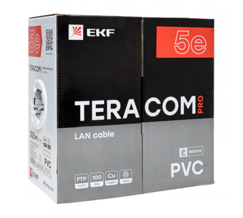 Кабель витая пара F/UTP кат.5E 4 пары 24 AWG solid PVC сер. TERACOM PRO EKF TRP-5EFTP-04PVC-GY-IN3