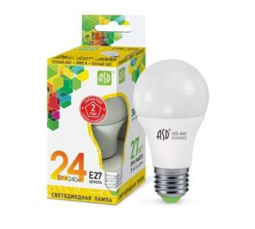 Лампа светодиодная LED-A65-standard 24Вт грушевидная 230В E27 3000К 2160лм ASD 4690612014265