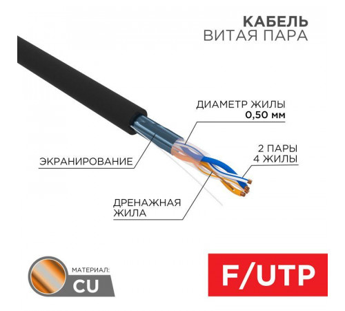 Кабель витая пара F/UTP кат.5E 2х2х24AWG медь наружн. прокладки черн. 305м (м) Rexant 01-0124