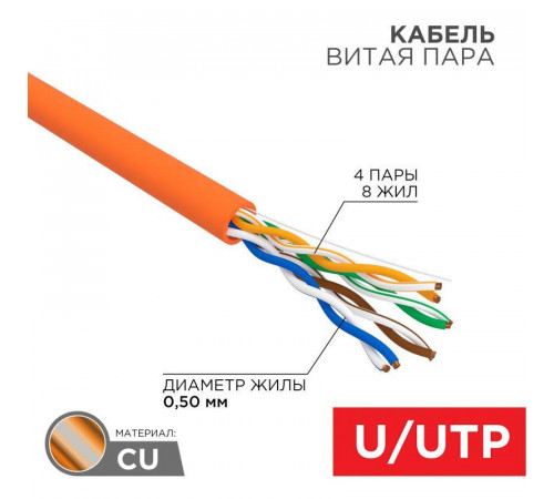 Кабель витая пара U/UTP кат.5E 4х2х24AWG нг(А)-HF медь оранж. 305м (м) Rexant 01-0049