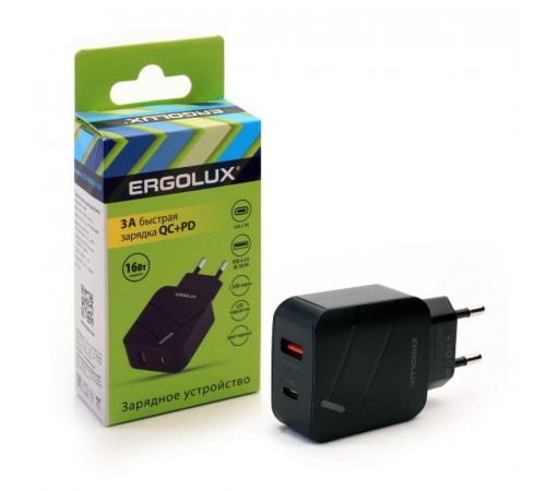 Адаптер сетевой ELX-РA01QC-C02 1USB+1Type C 100-220В 5-9В/3А QC коробка черн. ERGOLUX 15108