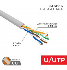 Кабель витая пара U/UTP кат.5E 4х2х24AWG solid CU PVC сер. (м) Rexant 01-0043