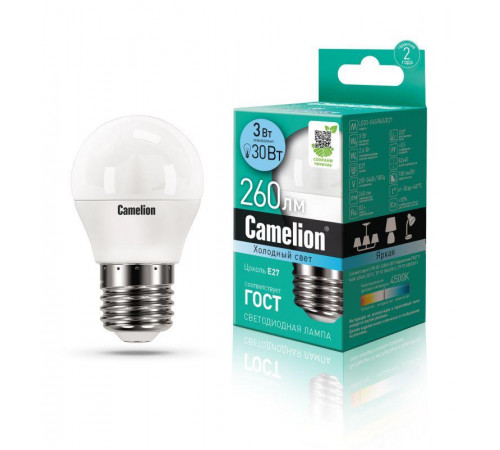 Лампа светодиодная LED3-G45/845/E27 3Вт шар 4500К бел. E27 260лм 220-240В Camelion 11376