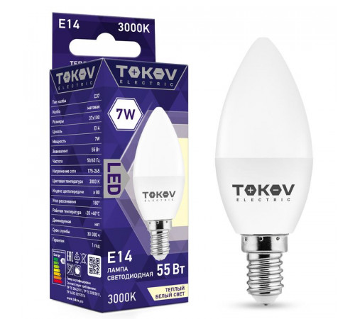 Лампа светодиодная 7Вт С37 3000К Е14 176-264В TOKOV ELECTRIC TKE-C37-E14-7-3K