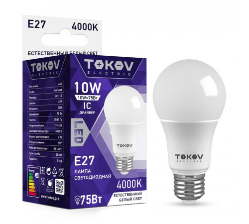 Лампа светодиодная 10Вт А60 4000К Е27 176-264В TOKOV ELECTRIC TKE-A60-E27-10-4K