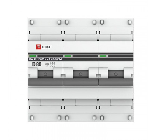 Выключатель автоматический модульный 3п D 80А 10кА ВА 47-100M электромагнит. расцеп. PROxima EKF mcb47100m-3-80D-pro
