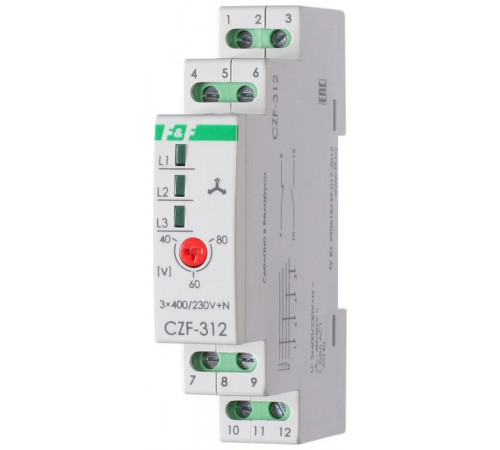 Реле контроля и наличия фаз CZF-312 (монтаж на DIN-рейке 35мм; регулировка порога; без задержки отключения; 3х400/230+N 2х8А 1Z 1R IP20) F&F EA04.001.007