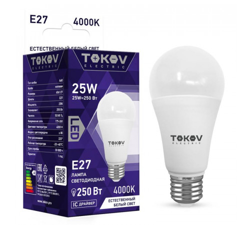 Лампа светодиодная 25Вт А60 4000К Е27 176-264В TOKOV ELECTRIC TKE-A60-E27-25-4K