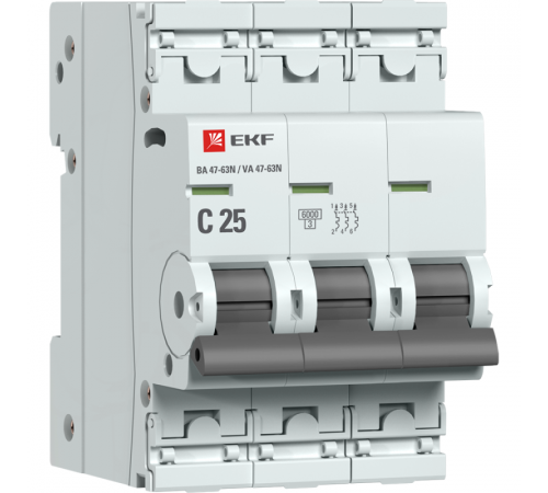 Выключатель автоматический 3п C 25А 6кА ВА 47-63N EKF PROxima EKF M636325C