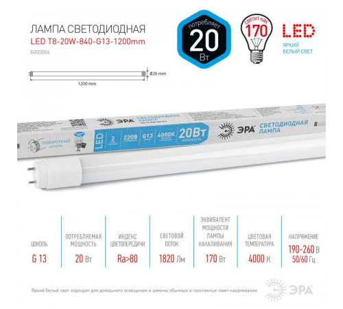 Лампа светодиодная STD LED T8-20W-840-G13-1200mm G13 20Вт 4000К поворотный цоколь; трубка стекло-нейтр. бел. Эра Б0062407