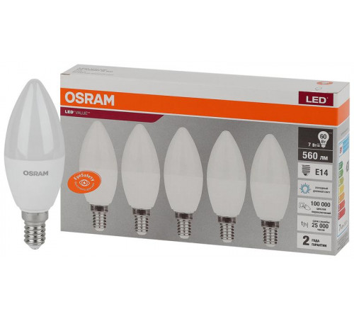 Лампа светодиодная LED Value LVCLB60 7SW/865 7Вт свеча матовая E14 230В 2х5 RU (уп.5шт) OSRAM 4058075577985