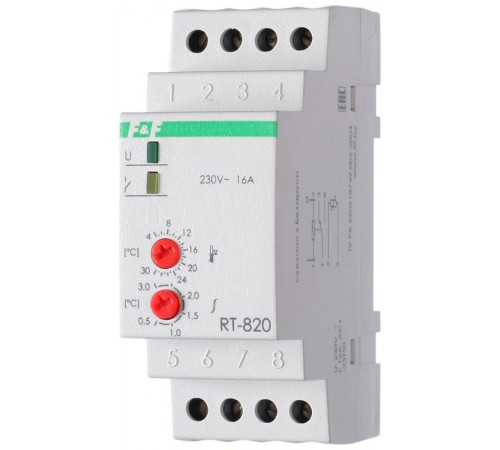 Регулятор температуры RT-820 (от +4 до +30 град.C; с выносным датчиком в комплекте; 2 модуля; монтаж на DIN-рейке; 50-264В AC 16А 1NO/NC IP20) F&F EA07.001.001