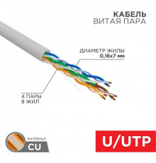 Кабель витая пара U/UTP кат.5E 4х2х24AWG медь МЖ сер. (305м) Rexant 01-0044